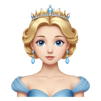 Cinematic Stunning Cinderella Portrait Emoji, Radiant in her sparkling blue ball gown, golden hair in a perfect updo, soft blue eyes full of wonder, glistening tiara, glowing with an ethereal beauty, regal yet kind, a dreamlike aura surrounds her, capturing the essence of a fairy tale princess, elegant and breathtaking! sticker