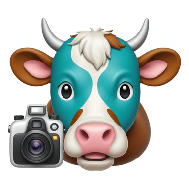 Emoji-style icon of a cow and buffalo with a camera or scan frame, representing image upload for breed detection. Simple, friendly, rounded design, clear at small sizes, teal and white accents, no text, transparent background. sticker