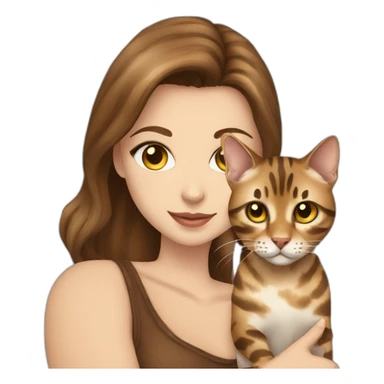a beautiful girl with blue eyes and brown hair is holding a Bengal cat with yellow eyes in her arms sticker