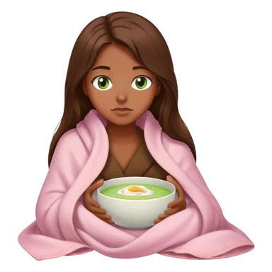 woman with very long brown hair and green eyes in a light pink blanket sleepy with porridge sticker