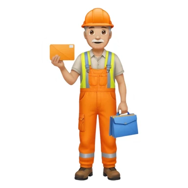 older engineer hi-vis orange overalls full body holding a card sticker