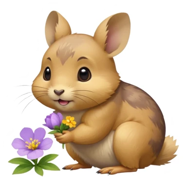 small round pika on all fours, turned at an angle, biting a small light purple flower in its mouth sticker