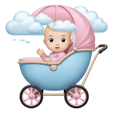 baby sitting in pink and beige stroller with pastel blue clouds around it sticker
