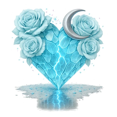 Edit the gothic heart to be formed from splintered light blue glass, a silver crescent moon, light blue roses, sparkling holographic stardust, neon lightning, and a wet, reflective surface. Keep the background transparent. sticker