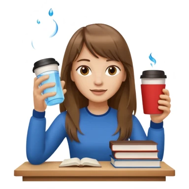 a designer with light skin long brown hair bangs waving, stack of books, coffee cup on top, water bottle  sticker