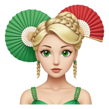 lady with Pale complexion, sharp features, high cheekbones, Blonde hair, usually styled in braided updo, green eyes accessorized with a decorative fan sticker