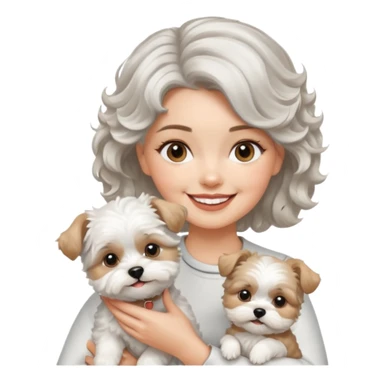 silver, short, wavy-haired with loose curls, smiling pretty lady holding a white west highland terrier dog and a white and tan shih tzu dog sticker