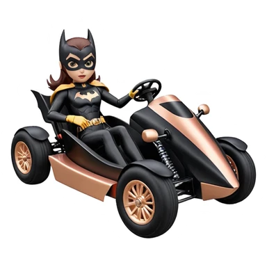Hot full size real size-appearance electric road racing sexy BatGirl’s feminine midnight-colored tight outfit sixty’s tv show inspired dark stealthy sporty safe plush deluxe off-road pursuit cruiser car rose gold accents (black hair,reclined and relaxed torso and shoulders seating position) go kart  sticker