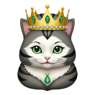 Gatito gris oscura con rayas negras ojos verdes vestida de reina con coronas y diamantes, más peluda y gordita  sticker
