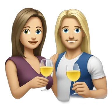A white woman, she has brown eyes and blond medium long hair. A white man, he has blue eyes and grey hair. They toast to each other with a glass of white wine. sticker