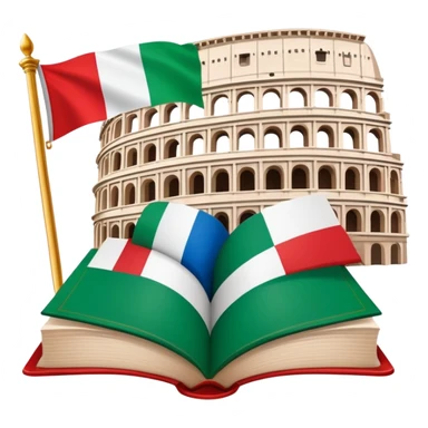 An icon featuring the Colosseum and the flag of Italy, symbolizing the Italian language. The design includes an open book with Italian phrases and a gondola, representing language learning and cultural exploration. Transparent background sticker