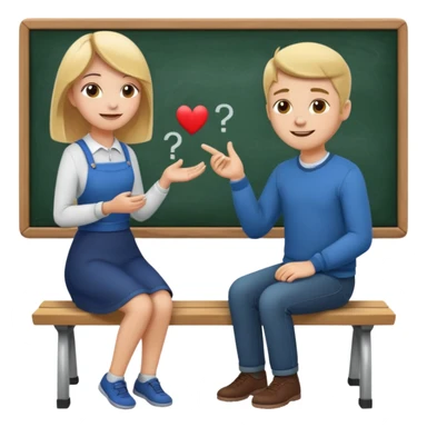 Girl is teaching a guy how to make emojis. Girl at blackboard, guy on bench learning. sticker