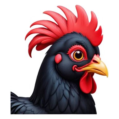 Cinematic Cute Black Rooster Portrait Emoji, Head tilted playfully and inquisitively, featuring a glossy, immaculate black plumage with a vibrant red comb, round, sparkling eyes filled with curiosity, Simplified yet irresistibly adorable features, highly detailed, glowing with a warm, friendly glow, high shine, affectionate and spirited, stylized with a touch of farmyard whimsy, bright and endearing, soft glowing outline, capturing the essence of a mischievous yet loving rooster, so playful it feels like it could strut out of the screen and into your arms! sticker