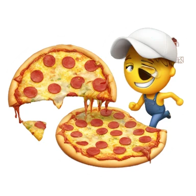 A egg crying running while eating a slobby piece of pizza while next to a farm sticker