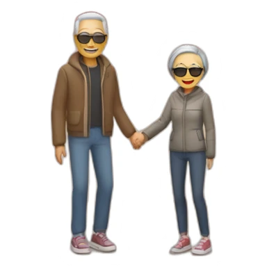 Happy skinny retired Chinese parents with sunglasses. Standing in a park in front of an red autumn tree sticker