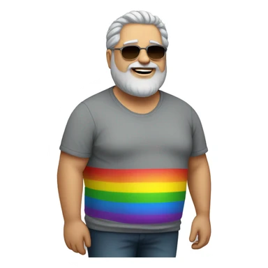 Fat British Man with grey hair and grey beard and with shades and earring with rainbow tshirt  sticker