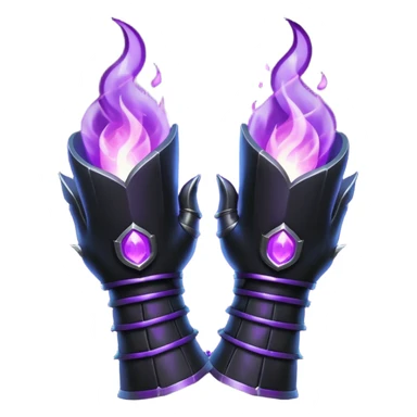 A Discord emoji of a pair of black armored gauntlets holding a flickering violet flame. The hands are positioned as if offering a gift. Dark gothic fantasy, glowing magical effects, high contrast, 2D vector style, white background. sticker