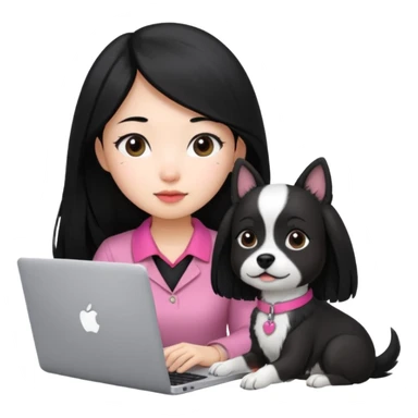 Asian girl with long black hair working on an Apple laptop, next to her is a small black and white dog with pink collar on  sticker