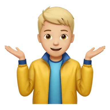 excited boy with good hair cut shrugging his shoulder, wearing yellow jacket and smile sticker