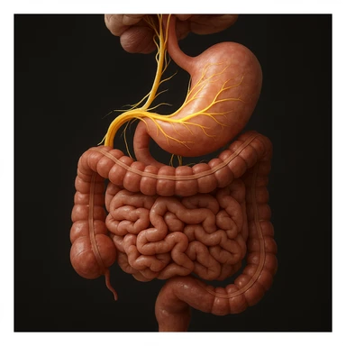 vagus nerve highlighted in the digestive system, hyper realistic 4K style, anatomical details, natural colors sticker