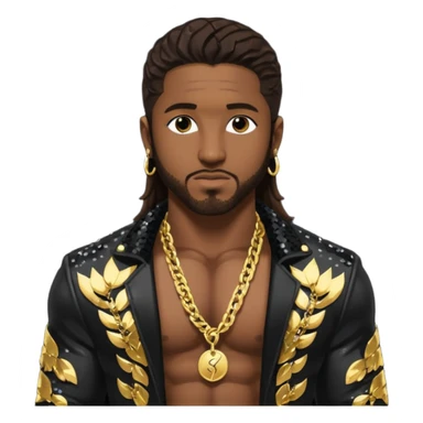 Omarion with long dark brown hair, black sequin jacket, shirtless with necklace sticker