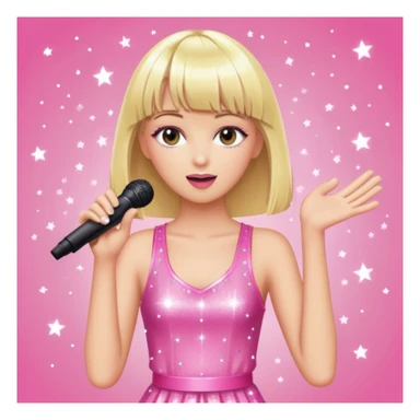 Pretty and thin tall Blonde pop star with bangs singing onstage, wearing a sparkly pink outfit   sticker