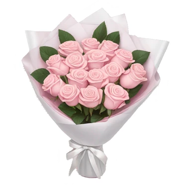 light pink bouquet of roses wrapped in white wrapping paper with pink bow sticker