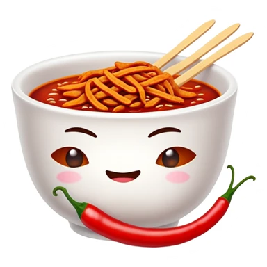 Spicy Gluten Strips in bowl with red chili oil, simplified emoji style with bold outlines and bright colors, cartoon style Chinese street food Mala Jisi sticker