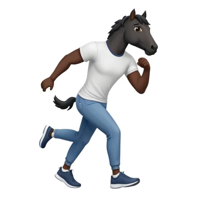 friendly anthropomorphised black stallion in jeans and a t-shirt, jogging upright in relaxed pose sticker