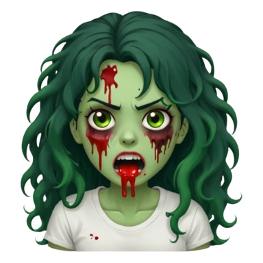 a zombie with long curly black hair volumoso, brown eyes, a white t-shirt and a splash of blood on her t-shirt, mouth open like a zombie, green skin color, not much expression, no drawing on shirt, no hands showing, less blood on her face, less blood, black hair and black eyes sticker