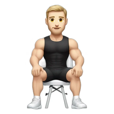 Pale skinned Fit Man With the biceps and dark brown hair in black shirt, gray sports shorts and white Sneakers Sitting on a chair sticker