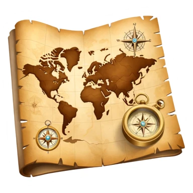 3D Brown golden map with Travel compass pointing to adventure sticker
