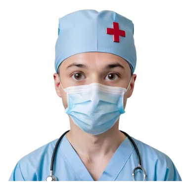 A simple and clean bust of a male surgeon wearing light blue surgical scrubs and a matching surgical cap. A minimalistic white mask covers his mouth and nose, leaving only his focused eyes visible. A small red cross emblem is subtly placed on his chest. A thin, smooth stethoscope drapes around his neck. His expression is calm and professional, reflecting precision and expertise. Behind him, a faint, abstract medical symbol (such as a heartbeat line or a surgical scalpel icon) subtly reinforces the surgical theme. The overall style is modern, sleek, and minimalistic, using smooth lines and soft shading. sticker
