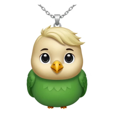 un oiseau classique de profil tout vert avec un collier autour de son cou avec des breloque argentées et un seul poil blond qui fait une petite bouclette sur le front le collier est autour du coup de l’oiseau entre la tête et le corps sticker