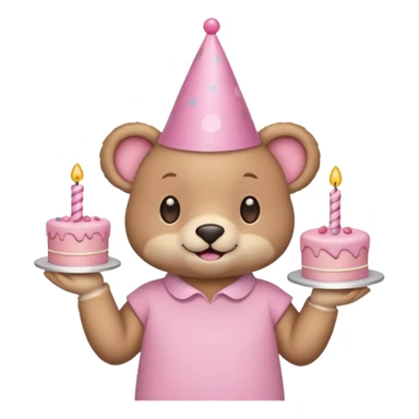 cute animal hold a pink birthday cake in both arms with pink birthday hat sticker