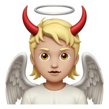 mush up the devil emoji with the angel one, I want it to be angel with devil horns, make it the classic yellow circle face sticker