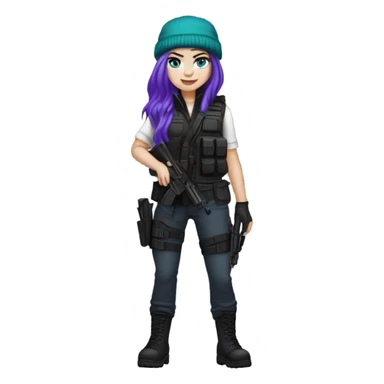 Girl, white skin, tactical vest, dark pants, long teal hair, blue eyes, purple beanie hat, gun, black combat boots sticker