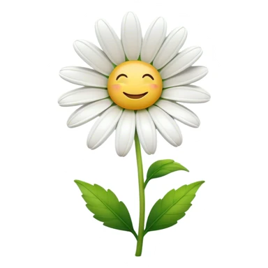 Cinematic Realistic Daisy Emoji, Cheerful and pure, with bright white petals surrounding a sunny yellow center, standing proudly atop a slender green stem. The soft, vibrant petals seem to radiate positivity, while a few green leaves frame the delicate flower. Soft glowing outline, capturing the essence of simplicity, innocence, and happiness in a single daisy. sticker