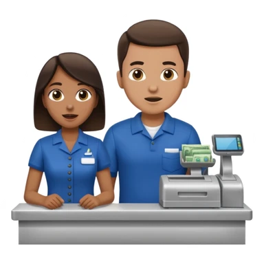 Supermarket employee at a cash register, full body, serving a man surprised sticker