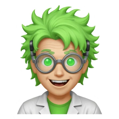 mad nuclear scientist portrait, head and shoulders only, messy hair, cracked goggles, glowing radioactive green light, excited crazy smile, 3D cartoon, mobile game icon style, clean background, no text, no watermark
 sticker