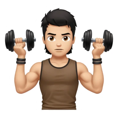 generate a pretty fair bratz boy with a messy mullet (black hair), wearing a brown tshirt. he has big biceps and is ripped. He is holding dumbbells sticker
