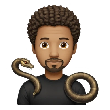 Homme couleur de peau noir, yeux marron avec un bouc que le menton, cheveux court et bouclé crépus avec dégradé sur le côté, avec un cobra à côté , t-shirt noir  sticker