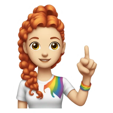 "A young white woman with lengthy red curls in a ponytail, wearing a rainbow cat shirt, poses with a peace sign." sticker