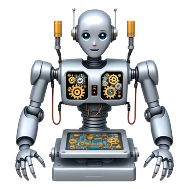 An icon featuring a humanoid robot assembling parts with robotic arms, surrounded by gears, circuit boards, and sensors, symbolizing robotics. The design includes a control panel and AI interface, representing automation, engineering, and innovation. Transparent background. sticker