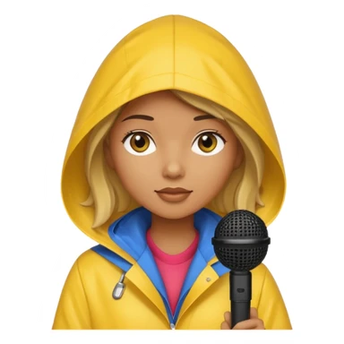 woman with rain coat and microphone sticker
