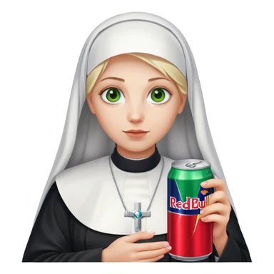 Blonde nun with green eyes holding a can of Red Bull. sticker