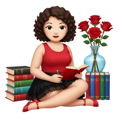 A plus-size brunette woman with short, dark brown curly hair is wearing a red sleeveless shirt and a black lace ruffled skirt. She is sitting on the floor with her legs crossed, holding a crayon in one hand. On the floor are five stacked colorful books and a glass vase with red roses. sticker