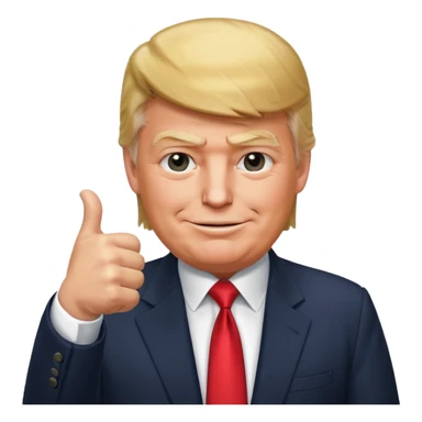 Donald Trump smiling in a suit with his thumbs down sticker