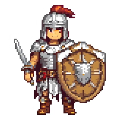 a gladiator with a large round shield, pixel art style sticker