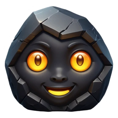 Single black obsidian rock character, thick and heavy with sharp facets and subtle reflections, carved cute face with glowing round eyes and a small smile, 3D render, high detail, soft backlighting, isolated on a plain dark background. sticker